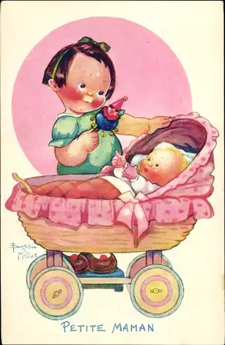 Künstler Ak Mallet, Beatrice, Petite Maman, Mädchen mit Rassel, Baby, Kinderwagen