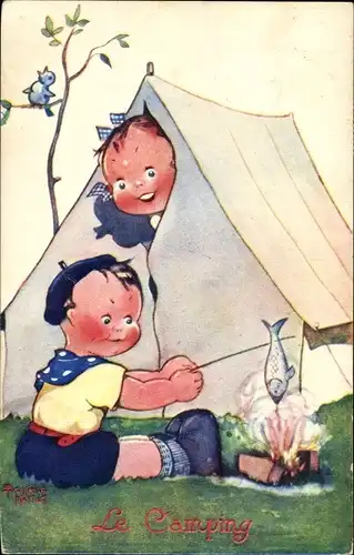 Künstler Ak Mallet, Beatrice, Le Camping, Kinder zelten, Lagerfeuer, Gebratener Fisch