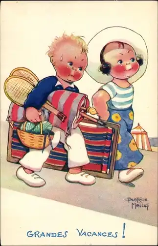 Künstler Ak Mallet, Beatrice, Grandes Vacances, Junge trägt Gepäck, Tennisschläger