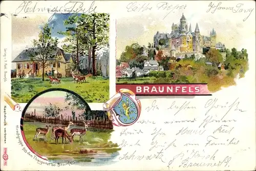 Wappen Litho Braunfels an der Lahn, Hirschgruppe im Tiergarten, Schloss, Forsthaus