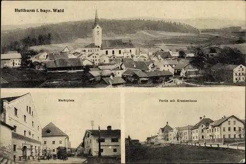 Ak Hutthurm im Ilztal Niederbayern, Krankenhaus, Marktplatz, Blick auf den Ort