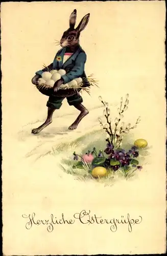 Ak Glückwunsch Ostern, Osterhase, Ostereier, Weidenkätzchen, Blumen