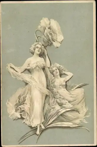 Präge Litho Zwei Frauen, Blühende Blume