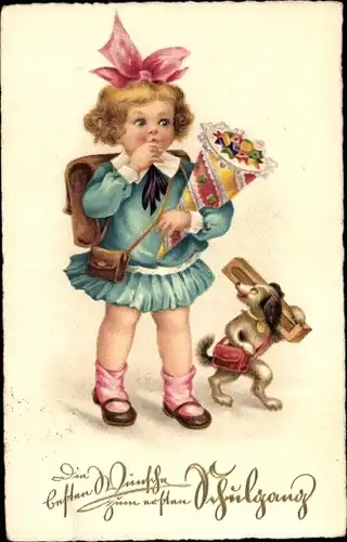 Ak Glückwunsch Einschulung, Mädchen mit Schultüte, Hund
