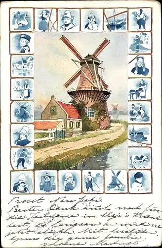 Litho Niederländische Tracht, Ortsansicht mit Windmühle