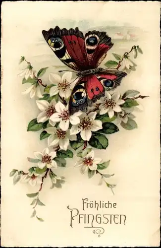 Ak Glückwunsch Pfingsten, Blühende Blumen, Schmetterling