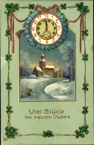 Ak Glückwunsch Neujahr, Dorfansicht, Uhr, Glücksklee