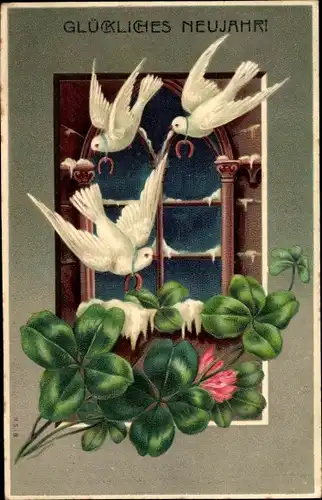 Präge Ak Glückwunsch Neujahr, Tauben, Glücksklee