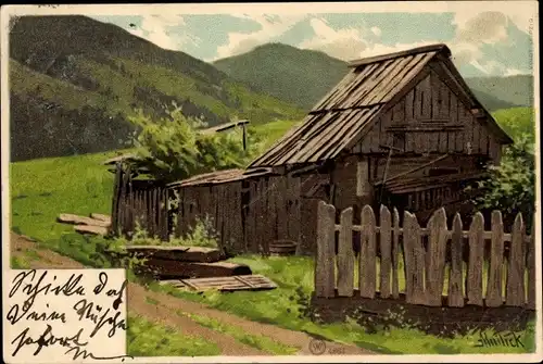 Künstler Litho Mailick, Landschaft mit Holzhaus