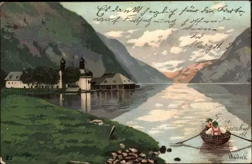 Künstler Ak Ortschaft an einem See, Gebirge, Ruderboot, Landschaft