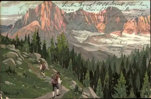 Künstler Ak Mailick, Gebirgslandschaft, Wanderer