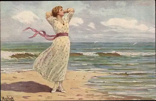 Künstler Ak Mailick, Meeresrauschen, Junge Frau am Strand