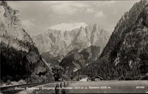 Ak Groß Reifling Station Gesäuse Steiermark, Eingang mit Hochtor u. Ödstein