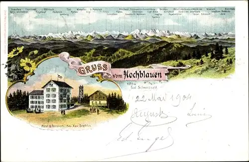 Litho Blauen Badenweiler im Schwarzwald, Hochblauen, Hotel und Pension, Gebirge