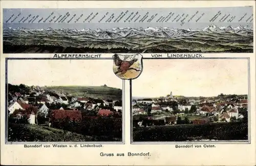 Ak Bonndorf im Schwarzwald, Alpenfernsicht vom Lindenbuck, Blick auf den Ort