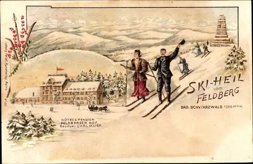 Litho Feldberg im Schwarzwald, Feldbergturm, Skifahrer, Hotel Feldberger Hof
