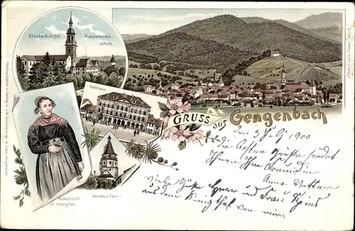 Litho Gengenbach im Schwarzwald, Frau in Tracht, Klosterkirche, Präparandenschule, Rathaus