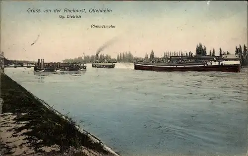 Ak Ottenheim Schwanau am Rhein, Rheinlust von Gg. Dietrich, Rheindampfer, Lastkähne
