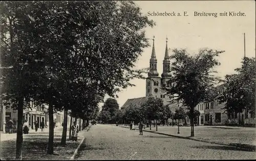 Ak Schönbeck in Mecklenburg, Breiteweg mit Kirche