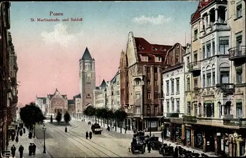 Ak Poznań Posen, St. Martinskirche und Schloss, Turmuhr