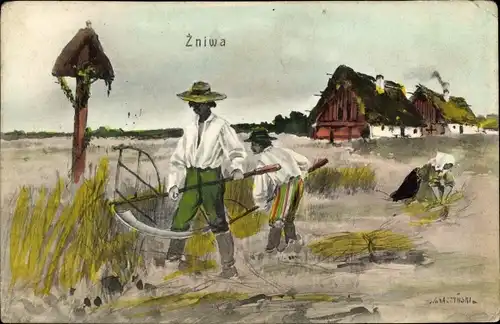 Künstler Ak Heuernte, Żniwa, Bauern mit Sensen, Landwirtschaft