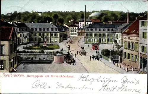 Ak Zweibrücken in der Pfalz, Herzogsplatz mit Bismarckdenkmal