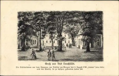 Künstler Ak Bad Lauchstädt Saalekreis, Schillerlinden vor dem Brunnen, Schiller
