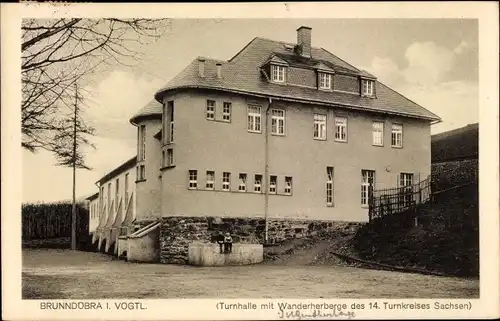 Ak Brunndöbra Klingenthal im Vogtland Sachsen, Turnhalle, Wanderherberge 14. Turnkreis Sachsen