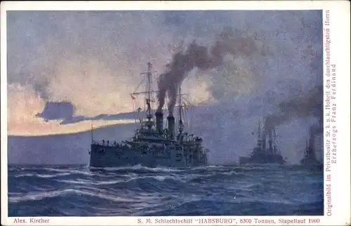 Künstler Ak Kircher, Alex, Österreichisches Kriegsschiff, SMS Habsburg, Schlachtschiff