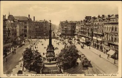 Ak Bruxelles Brüssel, La place de Brouckere vue a vol d'oiseau, Brunnen, Säule, Straßenbahn