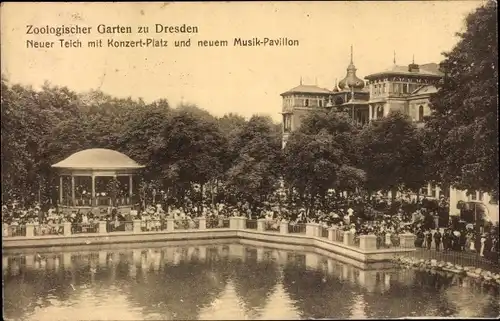 Ak Dresden Altstadt, Zoologischer Garten, Neuer Teich, Konzert-Platz, Musik-Pavillon