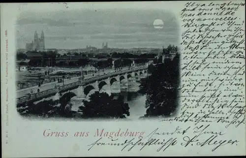 Mondschein Ak Magdeburg an der Elbe, Ortsansicht, Brücke, Dom