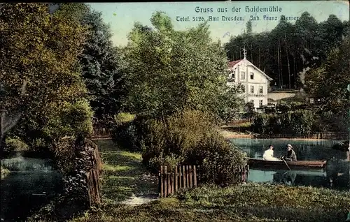 Ak Dresden Langebrück, Haidemühle, See, Boot