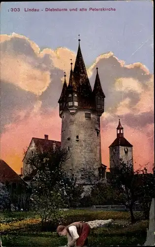 Ak Lindau am Bodensee Schwaben, Diebesturm und alte Peterskirche