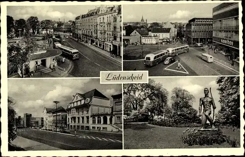 Ak Lüdenscheid im Märkischen Kreis, Straßenansichten, Denkmal, Busse, Kaufhof