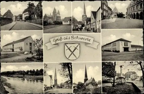 Ak Schwerte an der Ruhr, Straßenpartie, Kirche, Denkmal, Schule, Wappen