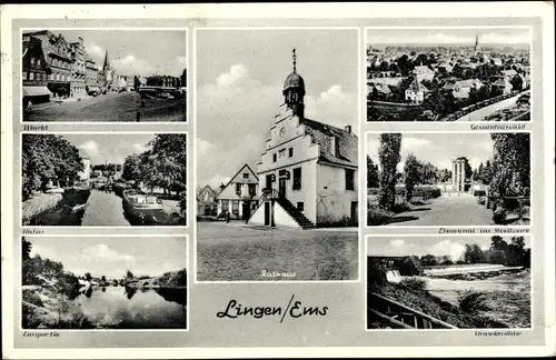 Ak Lingen im Emsland, Rathaus, Markt, Gesamtansicht, Wehr, Ehrenmal im Stadtpark