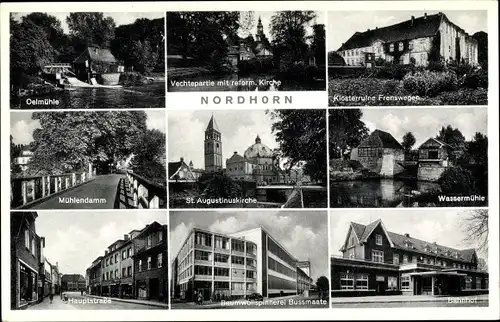 Ak Nordhorn in der Grafschaft Bentheim, Bahnhof, Oelmühle, Wassermühle, Baumwollspinnerei Bussmaate