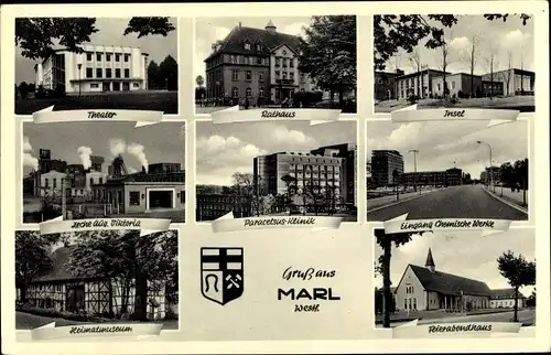 Ak Marl im Ruhrgebiet, Stadtwappen, Rathaus, Insel, Chemische Werke, Feierabendhaus, Heimatmuseum