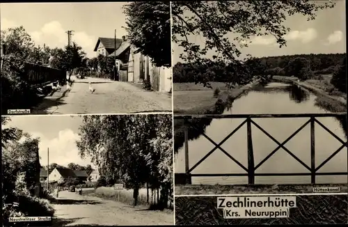 Ak Zechlinerhütte Stadt Rheinsberg, Dorfstraße, Hüttenkanal, Neustrelitzer Straße