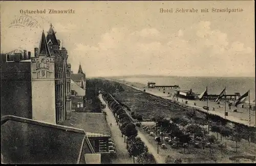 Ak Ostseebad Zinnowitz auf Usedom, Hotel Schwabe mit Strandpartie