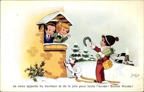 Künstler Ak Patt, Jim, Bonne Année, Junge auf Skiern, Hufeisen