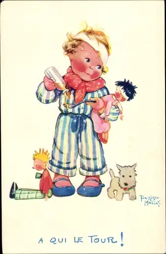 Künstler Ak Mallet, Beatrice, A qui le tour, Kind mit Puppen, Hund