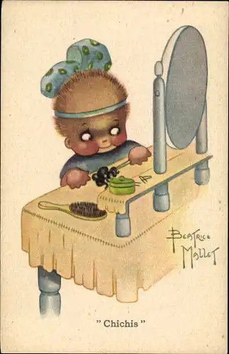 Künstler Ak Mallet, Beatrice, Mädchen am Schminktisch, Spiegel, Haarbürste, Chichis