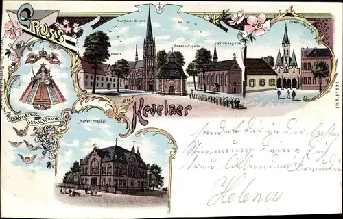 Litho Kevelaer am Niederrhein, Pfarrkirche, Wallfahrtskirche, Kloster, Gnadenkapelle