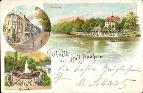 Litho Bad Nauheim in Hessen, Teichhaus, Sprudel, Parkstraße