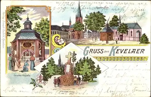 Litho Kevelaer am Niederrhein, Wallfahrtsort, Kroatenkreuz, Gnadenkapelle