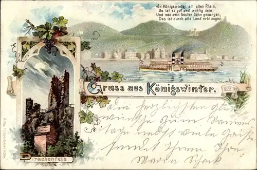 Litho Königswinter am Rhein, Drachenfels, Salondampfer