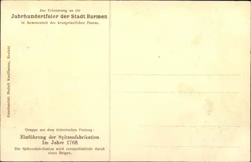 Ak Barmen Wuppertal, Jahrhundertfeier, Historischer Festzug, Einführung der Spitzenfabrikation 1768
