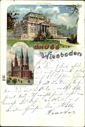 Litho Wiesbaden in Hessen, Königliches Theater, Evangelische Kirche